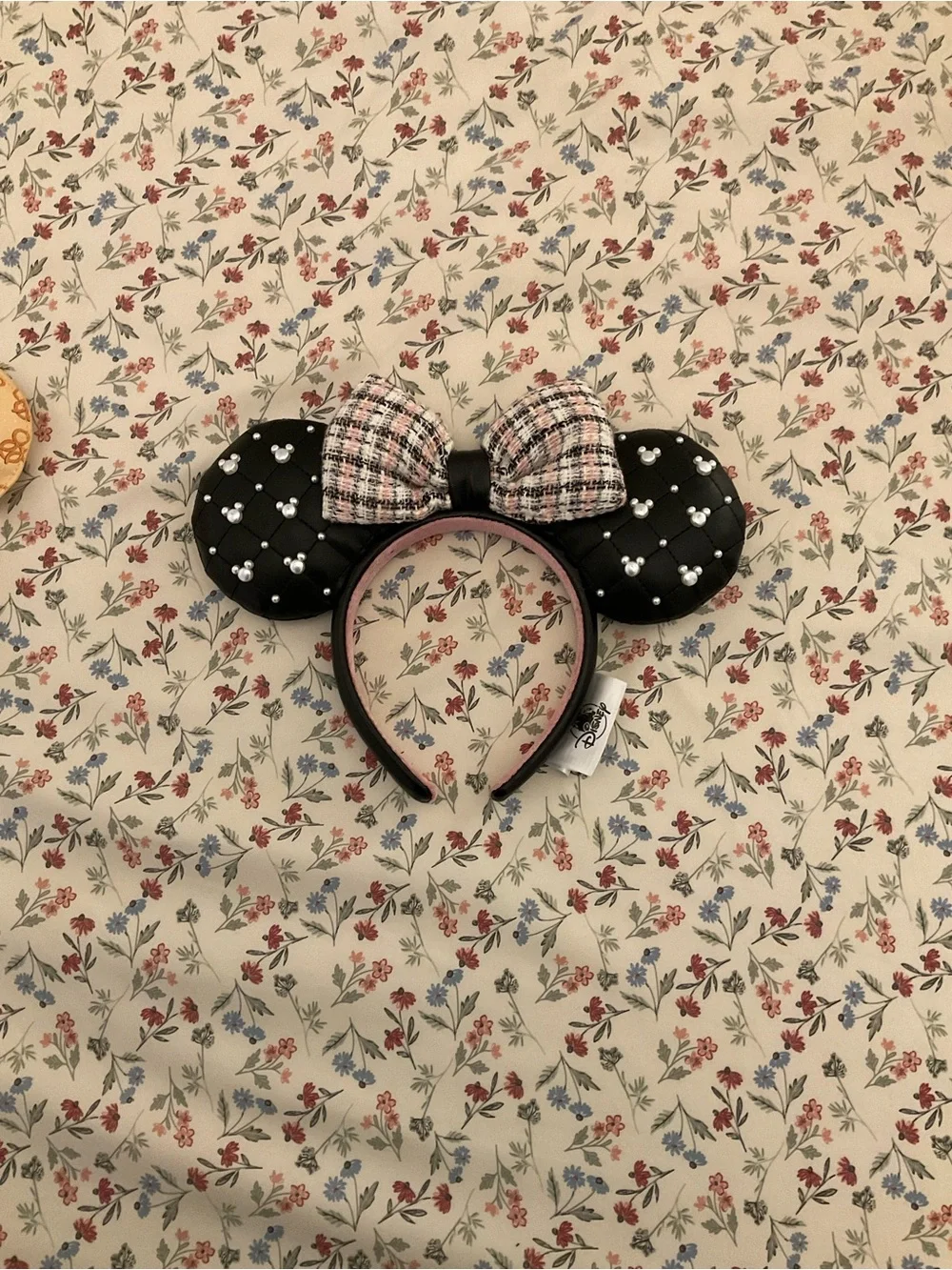Disney Black Quilted Pearl Minnie Ear Headband with Pink Plaid Bow